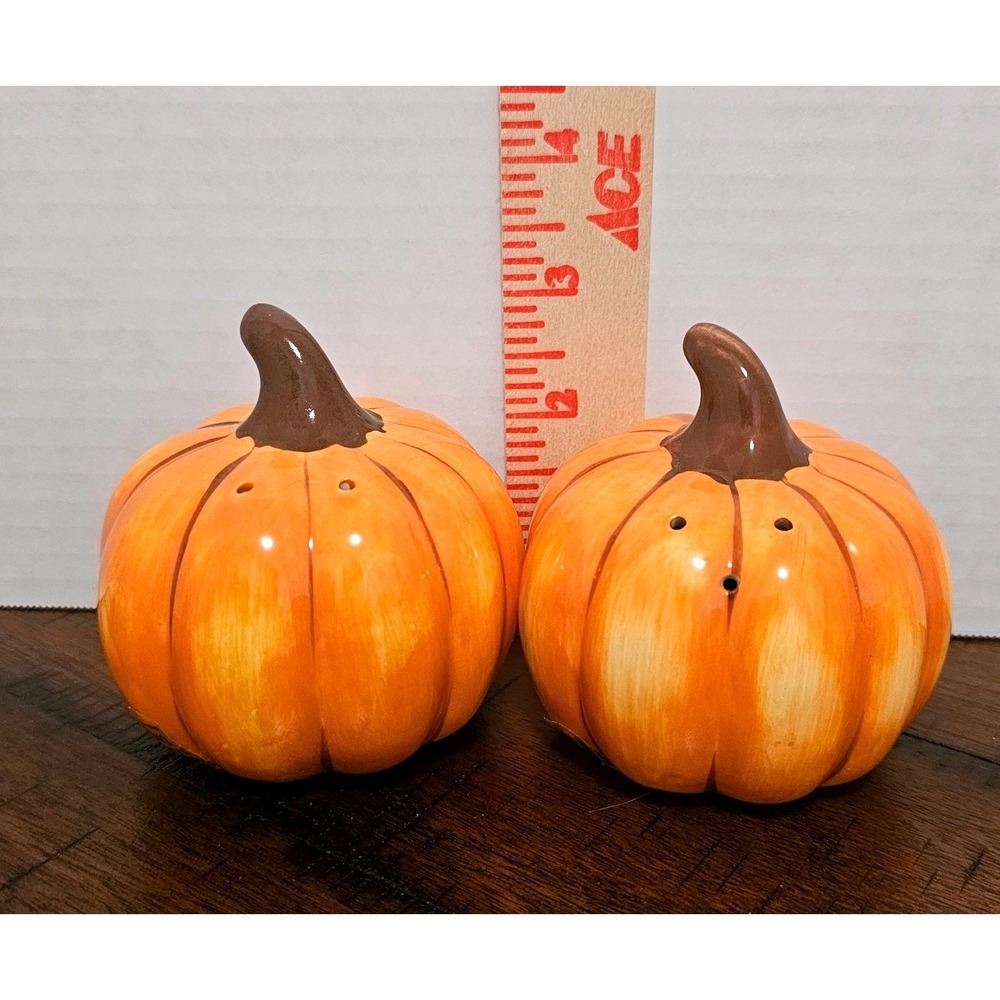 Orange Ceramic Pumpkin Salt and Pepper Shakers Set Fall Autumn Harvest Decor